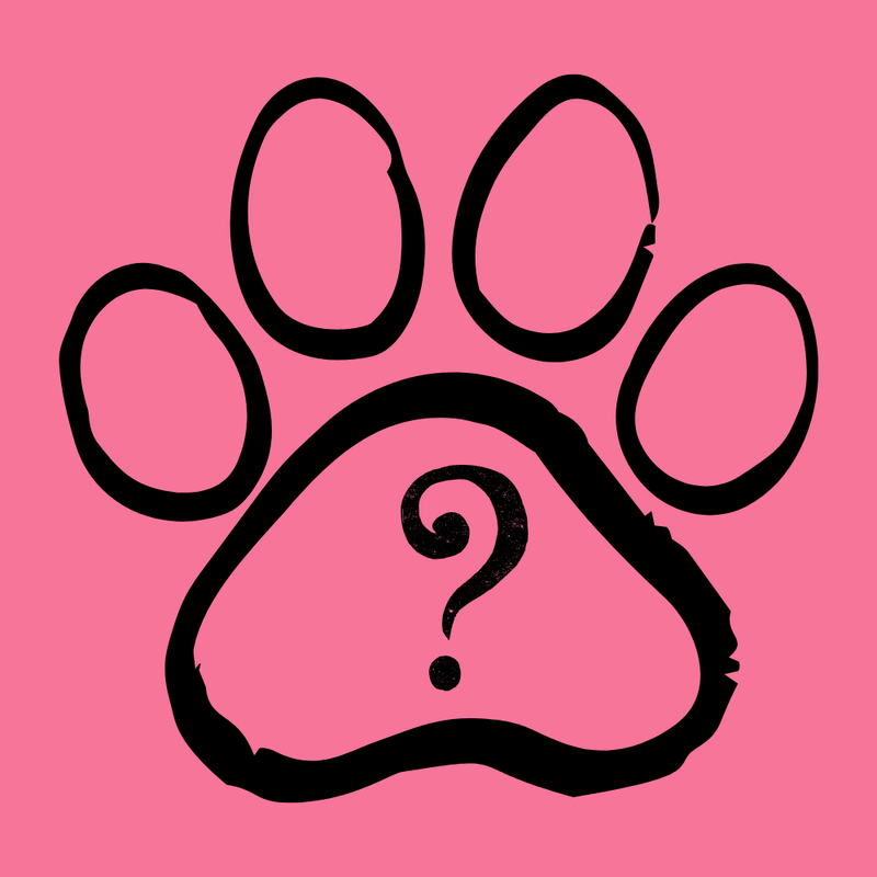 Black paw print with a question mark on a pink background